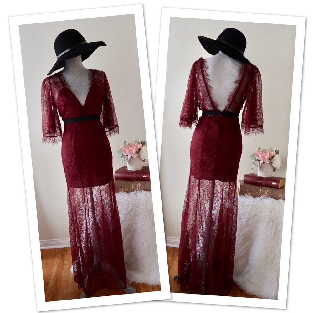 STELLA- Romantic Burgundy Lace Maxi Dress